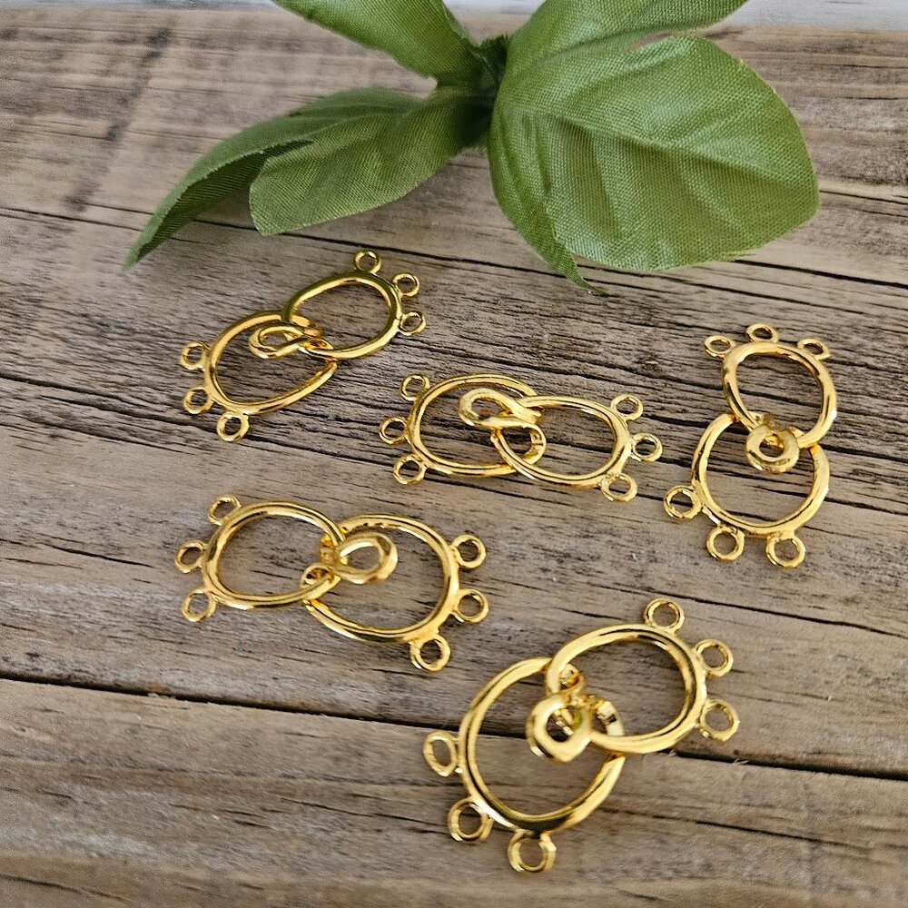 Bundle of 5 Sets Hook & Eye Multi 3 Strand Interlocking Clasp -Gold Plated